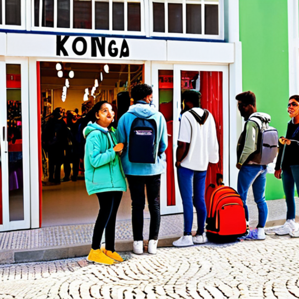 **

"A group of diverse, fully clothed young adults are gathered around a pop-up shop in Lisbon's trendy LX Factory, browsing merchandise featuring the Kongjireabbit character. The shop is brightly decorated with pastel colors.  Street style fashion, backpacks, and smiles abound. Warm, sunny day.  Professional photography, perfect anatomy, correct proportions, natural pose, safe for work, appropriate content, fully clothed, family-friendly."

**