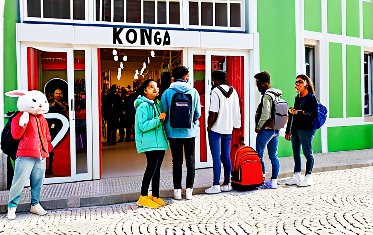 **

"A group of diverse, fully clothed young adults are gathered around a pop-up shop in Lisbon's trendy LX Factory, browsing merchandise featuring the Kongjireabbit character. The shop is brightly decorated with pastel colors.  Street style fashion, backpacks, and smiles abound. Warm, sunny day.  Professional photography, perfect anatomy, correct proportions, natural pose, safe for work, appropriate content, fully clothed, family-friendly."

**