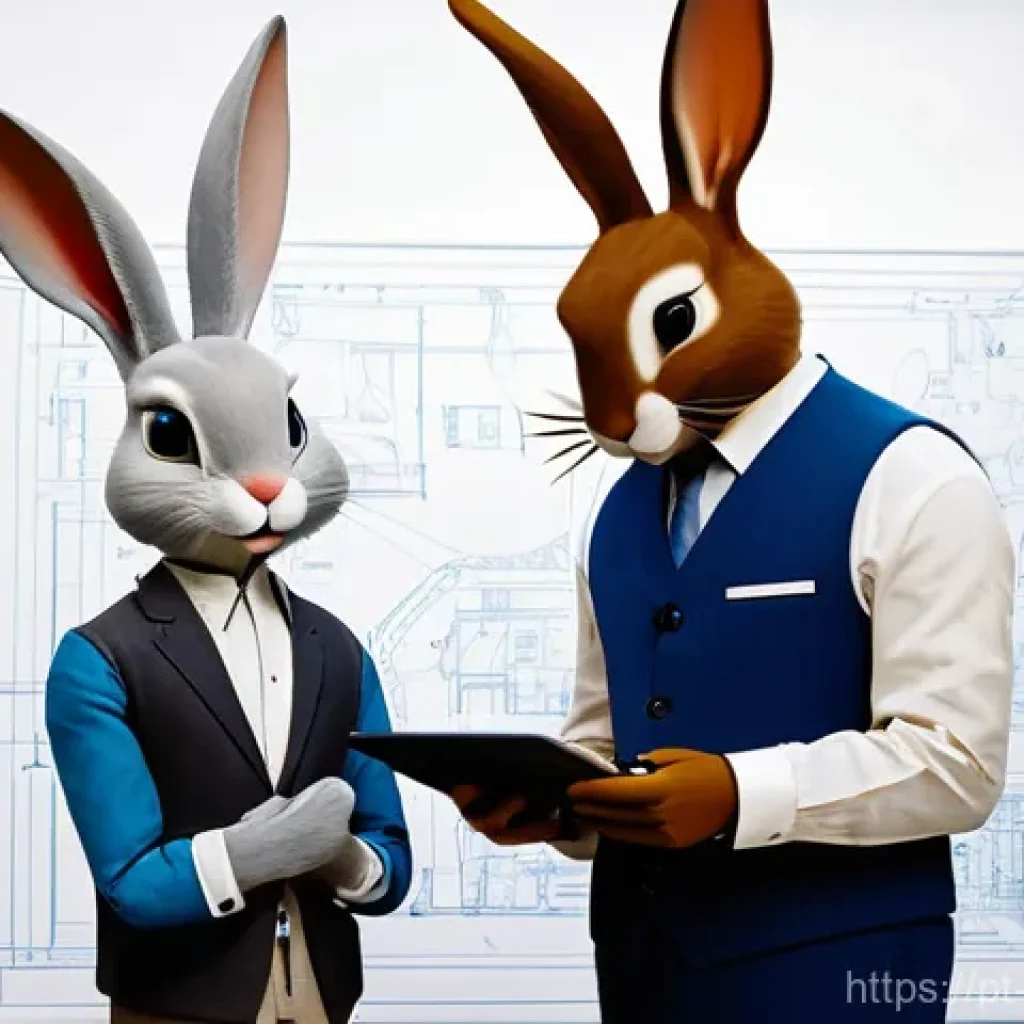 콩지래빗 협업 브랜드 - **Prompt:** "A whimsical, creative workshop scene where a charming, anthropomorphic rabbit character...