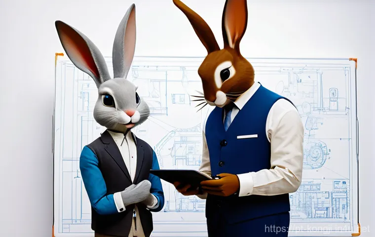 콩지래빗 협업 브랜드 - **Prompt:** "A whimsical, creative workshop scene where a charming, anthropomorphic rabbit character...