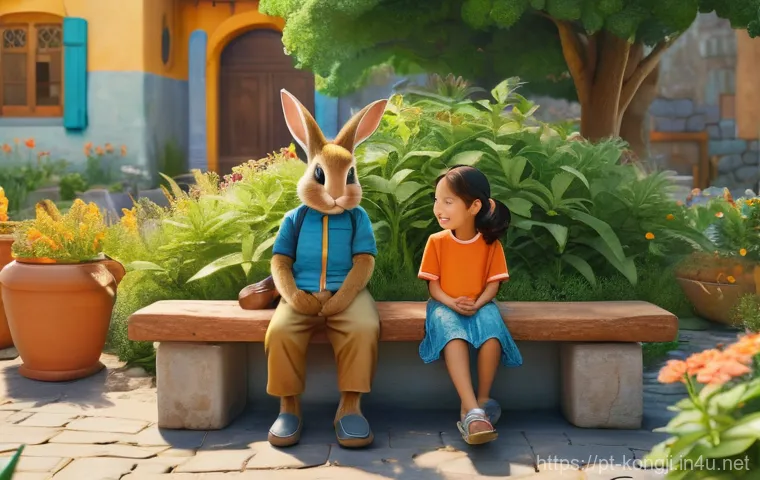 콩지래빗의 글로벌 진출 - Prompt 1: Kongji's Universal Friendship in a Sunny Square**