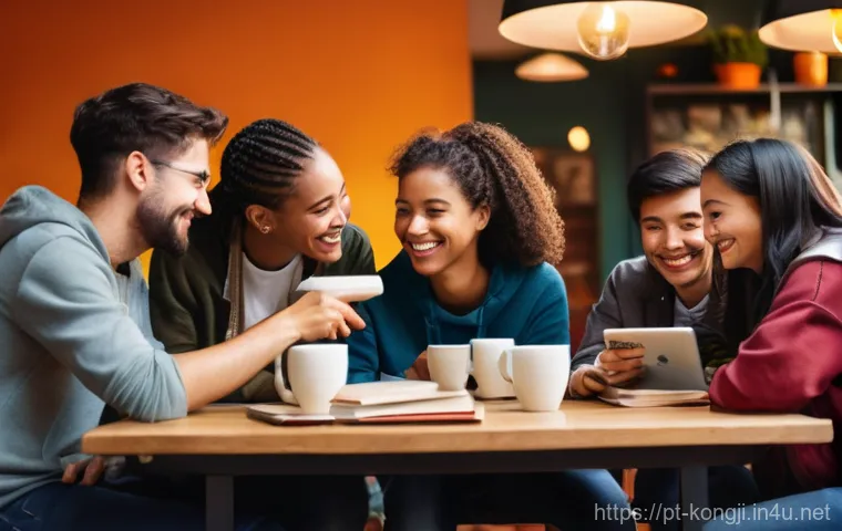 콩지래빗 관련 팬덤 사례 연구 - **Prompt:** A diverse group of friends, all wearing casual, comfortable clothing (such as t-shirts, ...