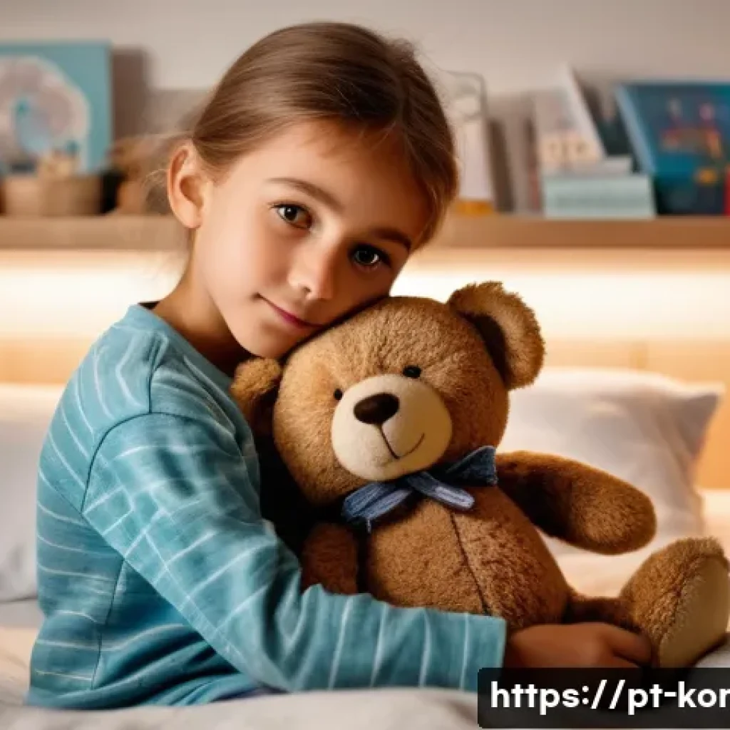 콩지래빗의 어린이 정서 발달 효과 - A heartwarming scene of a young child, around 4-5 years old, wearing comfortable pajamas, hugging a ...