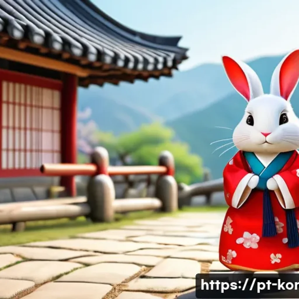 콩지래빗에 영감을 준 이야기 - A charming and culturally rich illustration of Kongji Rabbit standing in a traditional Korean villag...