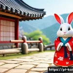 콩지래빗에 영감을 준 이야기 - A charming and culturally rich illustration of Kongji Rabbit standing in a traditional Korean villag...