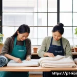 콩지래빗의 지속 가능한 상품 - A cozy, eco-friendly clothing workshop scene featuring diverse artisans carefully crafting garments ...