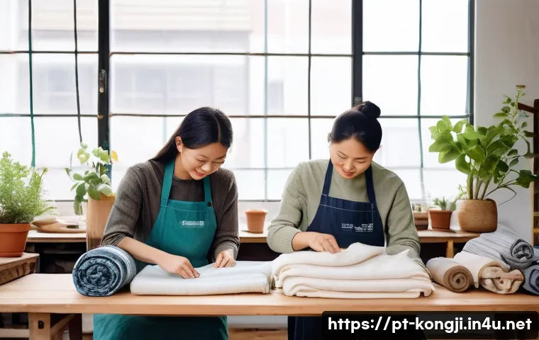 콩지래빗의 지속 가능한 상품 - A cozy, eco-friendly clothing workshop scene featuring diverse artisans carefully crafting garments ...