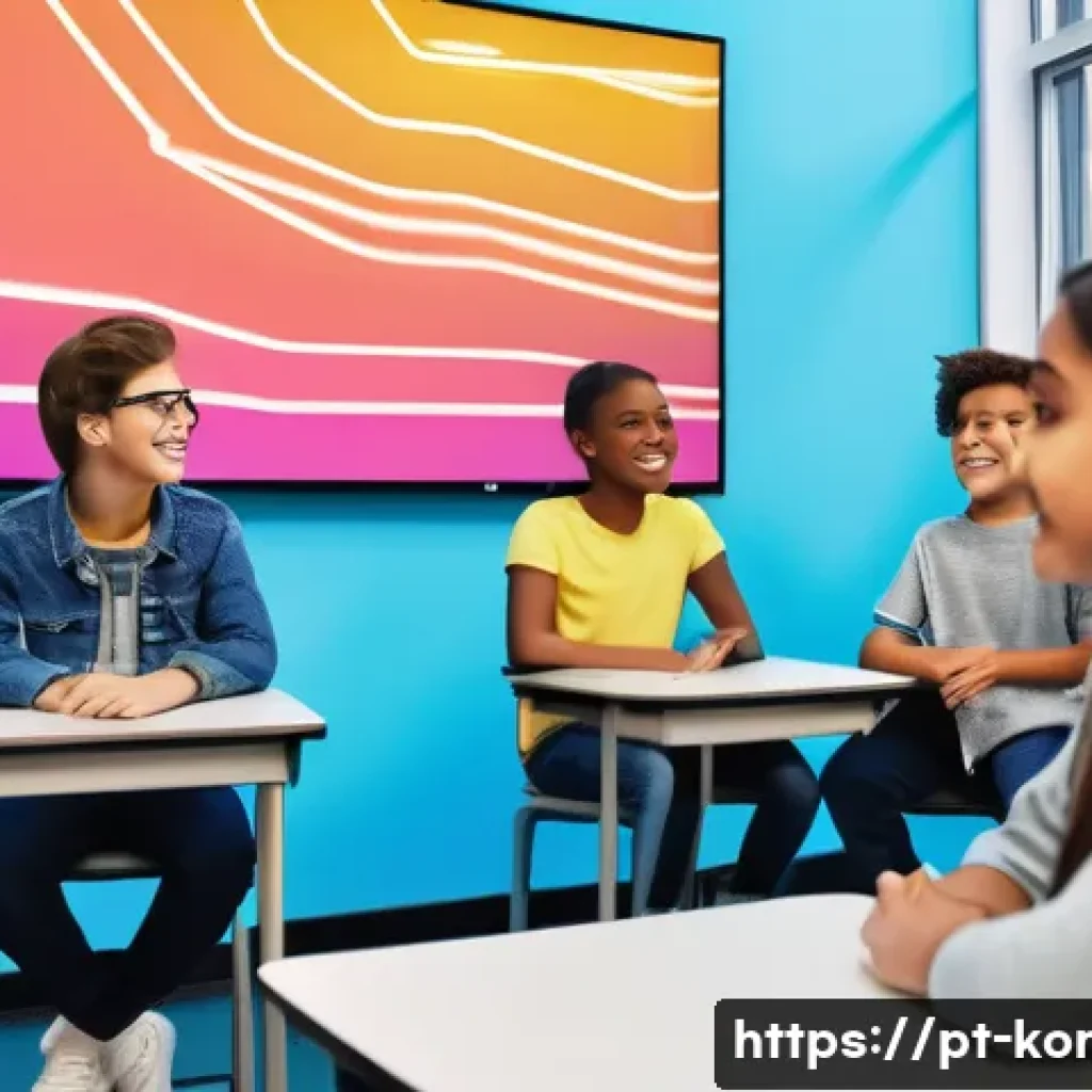 콩지래빗과 AI 기술 활용 - A futuristic digital classroom scene featuring a diverse group of students engaging with a friendly ...
