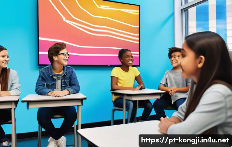 콩지래빗과 AI 기술 활용 - A futuristic digital classroom scene featuring a diverse group of students engaging with a friendly ...