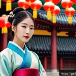 Home 21 콩지래빗 스토리 전개 - A vibrant scene depicting Kongji Rabbit as a young woman dressed in a modernized traditional Korean ...