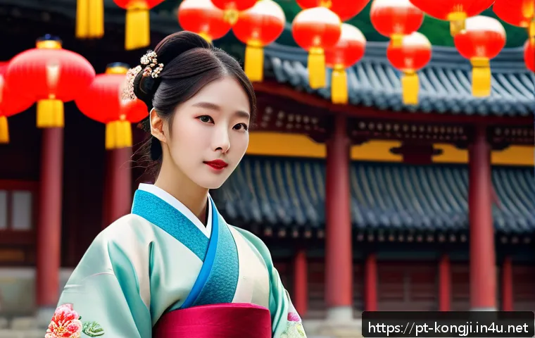 콩지래빗 스토리 전개 - A vibrant scene depicting Kongji Rabbit as a young woman dressed in a modernized traditional Korean ...