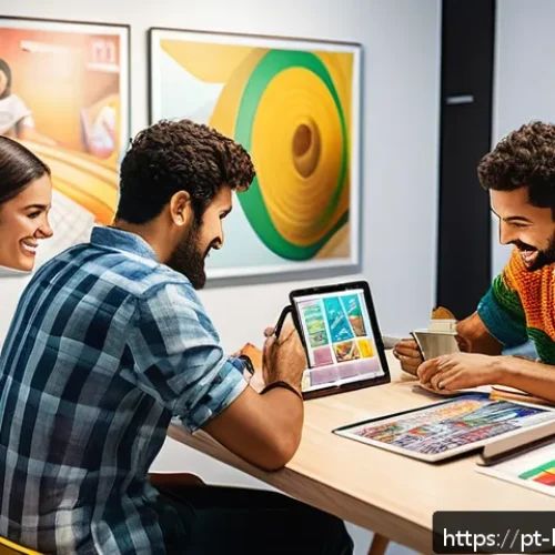 Home 32 콩지래빗 팬 콘텐츠 플랫폼 - A vibrant digital art studio scene showcasing a diverse group of passionate Brazilian creators colla...
