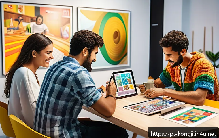 콩지래빗 팬 콘텐츠 플랫폼 - A vibrant digital art studio scene showcasing a diverse group of passionate Brazilian creators colla...