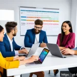 Home 18 콩지래빗의 SNS 마케팅 - A vibrant and modern social media marketing workspace featuring a diverse team of young professional...
