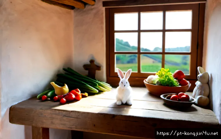 콩지래빗의 스토리 세계관 - Photorealistic white rabbit character in a cozy Portuguese countryside cottage, arranging colorful v...